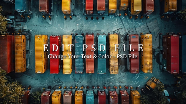 PSD aerial view of colorful shipping containers in a storage yard