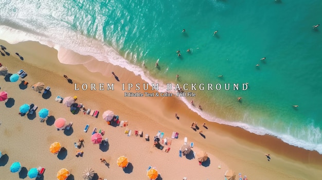 PSD aerial view from a drone beach with tourists sunbeds and umbrellas travel background