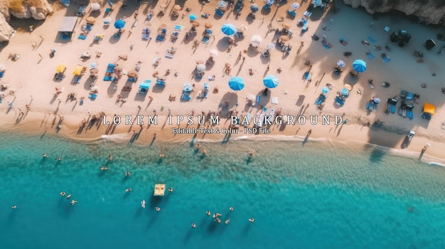 PSD aerial view from a drone beach with tourists sunbeds and umbrellas travel background