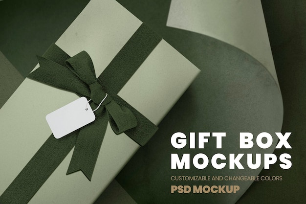 PSD aerial view of gift box with a tag mockup