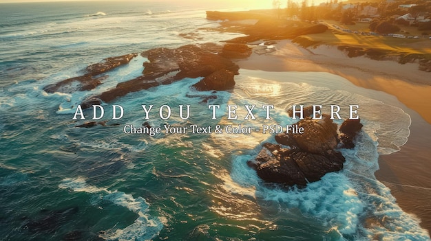 Aerial View of Ocean Waves Crashing on Rocky Coastline at Sunset