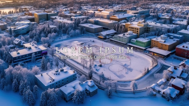 PSD aerial view of the outdoor huge ice rink in the oulunkyla neighborhood of helsinki