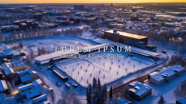 Aerial view of the outdoor huge ice rink in the Oulunkyla neighborhood of Helsinki