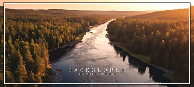 PSD aerial view of a river winding through a forest at sunset