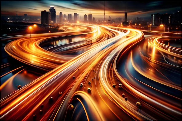 Aerial view of Road Traffic jam in multiple lane highway with speed light trail