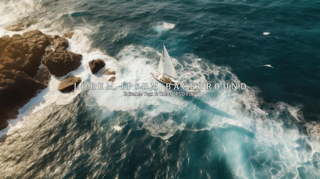 aerial view of a sailboat plowing alone in slightly rough seas The photo conveys a sense of serenity