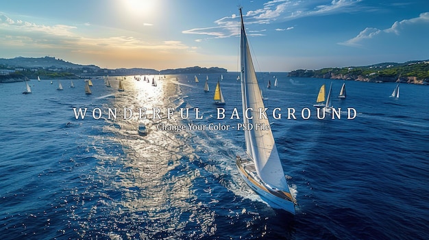 PSD aerial view of sailboats racing on the ocean with the sun shining concept of sport competition travel and adventure