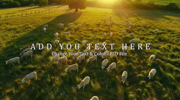 Aerial View of Sheep Grazing in a Lush Meadow at Sunset