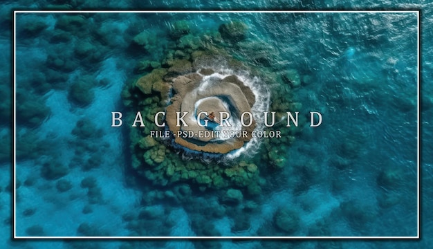 PSD aerial view of a surfer on a circular rock formation