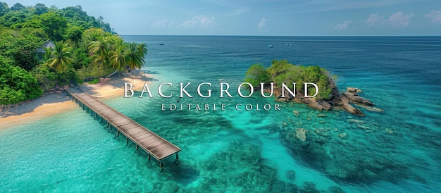 PSD aerial view of tropical island white sandy beach with palm trees with wooden boardwalk