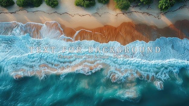 PSD aerial view of turquoise ocean waves crashing on a sandy beach