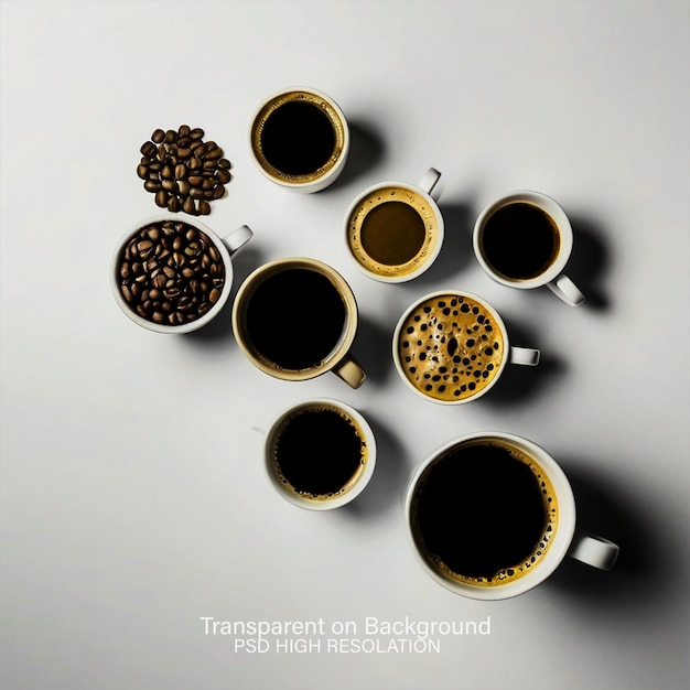 PSD aerial view of various coffee on white background