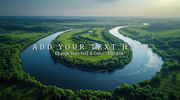 PSD aerial view of a winding river in a lush green landscape