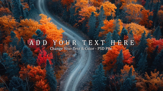 PSD aerial view of winding road through autumn forest