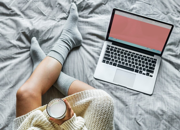 PSD aerial view of woman using computer laptop