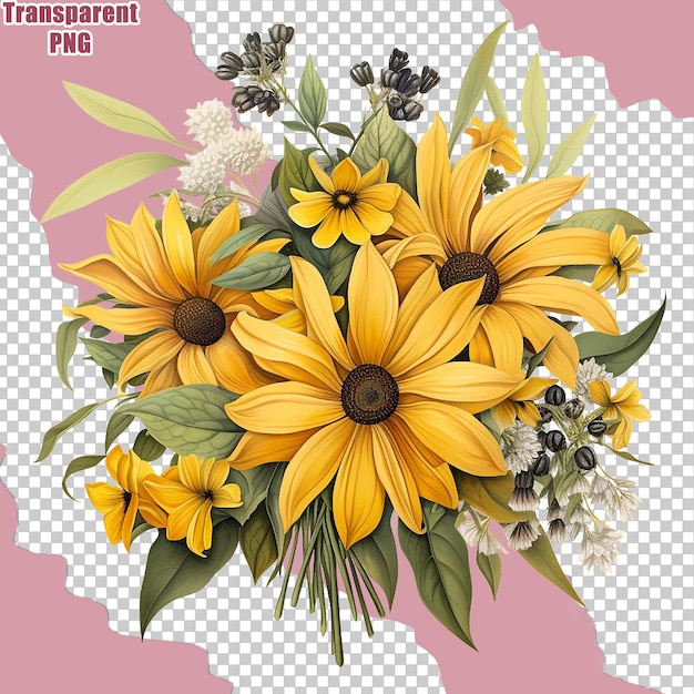 Aesthetic Colorful Flower Bouquet with Detailed Painting Illustration Transparent Backgound