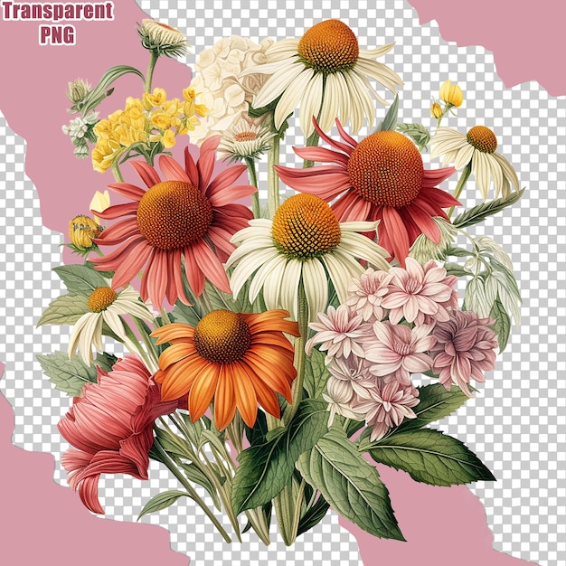 Aesthetic Colorful Flower Bouquet with Detailed Painting Illustration Transparent Backgound