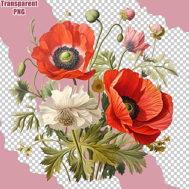 Aesthetic Colorful Flower Bouquet with Detailed Painting Illustration Transparent Backgound