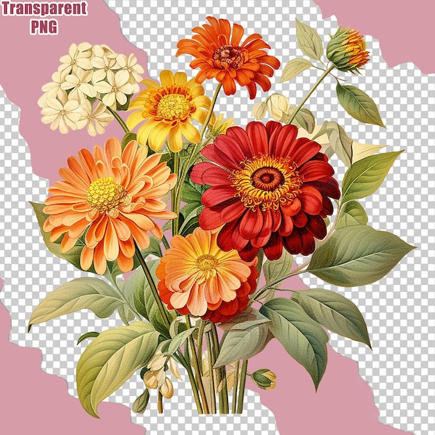 Aesthetic Colorful Flower Bouquet with Detailed Painting Illustration Transparent Backgound