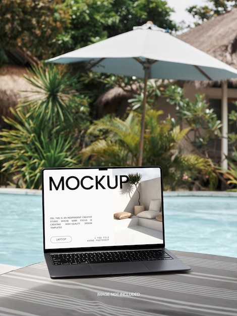 Aesthetic Laptop Device Screen MacBook Air Editable Mockup near Beach Swimming Pool Summer Psd