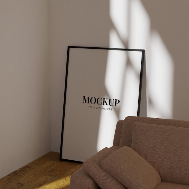 Aesthetic shot of frame mockup poster template behind the sofa in the living room