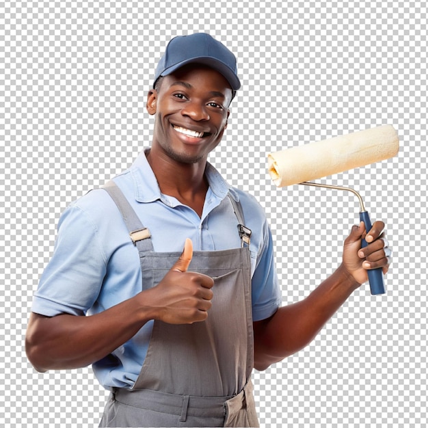 afarican man wearing cap and holding paint brush on transparent background