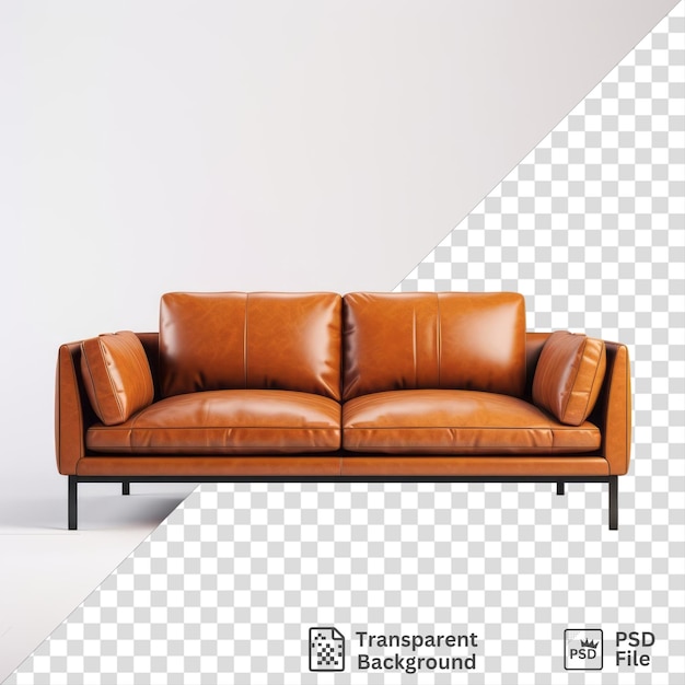 affordable sofas with leather cushions and wood legs stand against a white wall casting shadows on the white floor