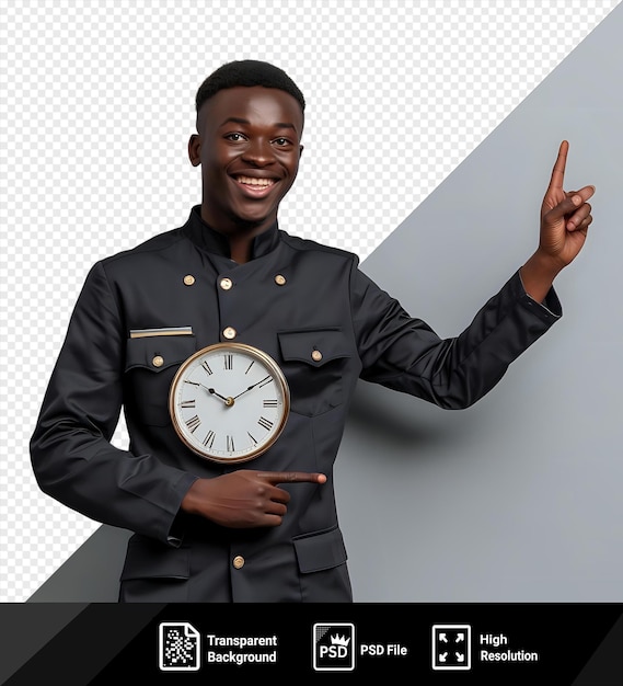 African American barber in uniform smiling holding wall clock showcasing prominent nose and small ear