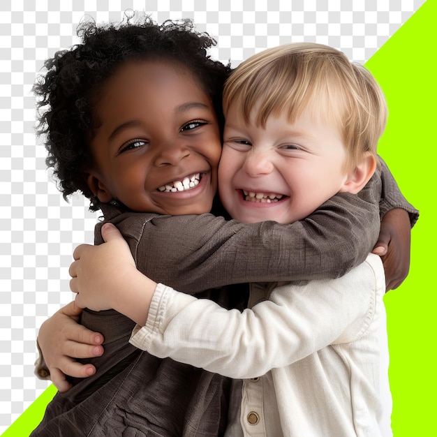 PSD african child and caucasian child hugging each other transparent background