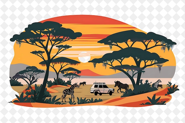 PSD african savannah with characters having a safari tour design people life style flat illustration