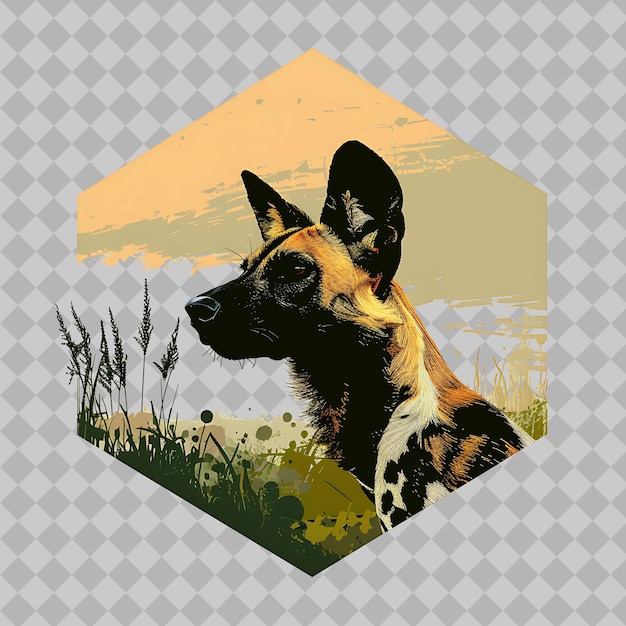 PSD african wild dog inside a silhouette hexagon savannah adorne png watercolor wild life collections