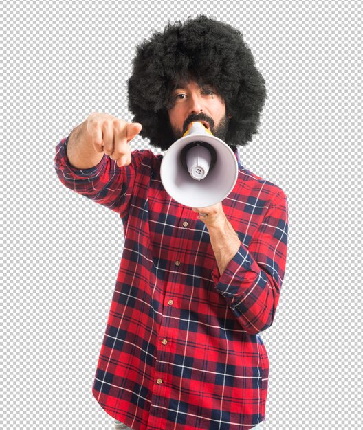 Afro man shouting by megaphone  