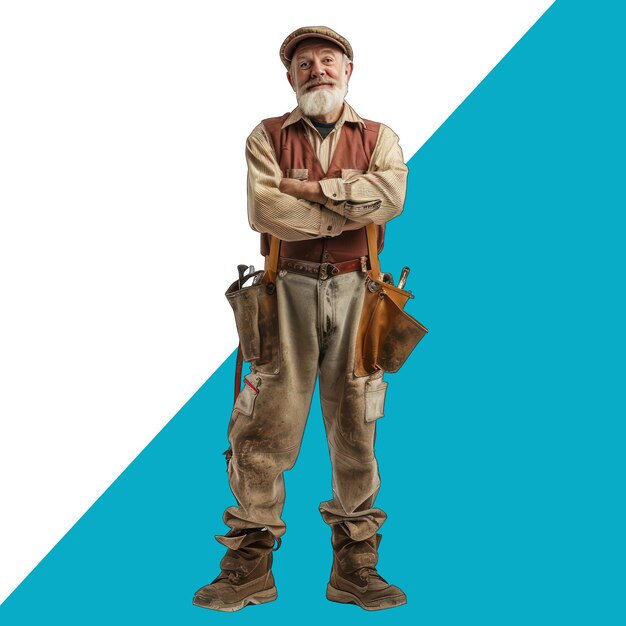 Aged man with a tool belt Isolated over white background