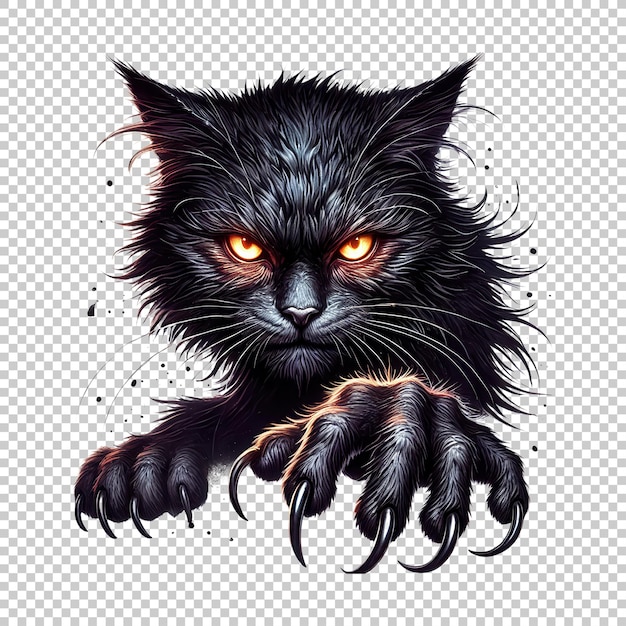 Aggressive black cat with glowing eyes ready to pounce isolated on transparent background