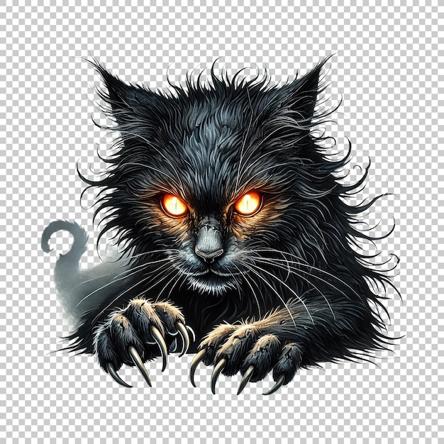 PSD aggressive black cat with glowing eyes and sharp claws ready to attack png background