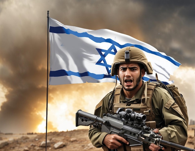 Aggressive Israeli soldier in front of his country's flag Patriotic Israeli concept