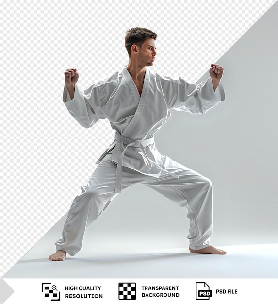 PSD agile martial artist practicing forms with precision and skill captured in a close up shot featuring their bare feet brown hair and raised hands