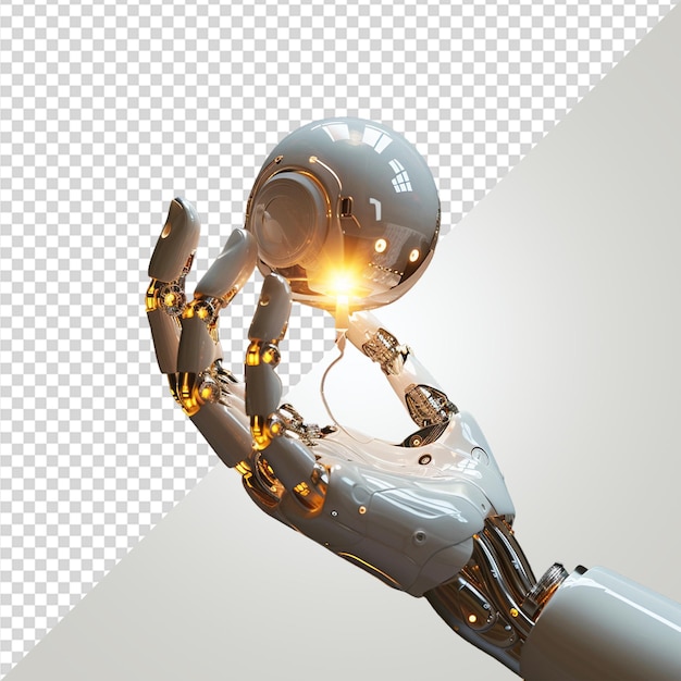 Ai robot hand holding light on transparent background