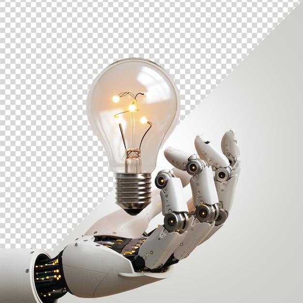 Ai robot hand holding lightbulb on transparent background