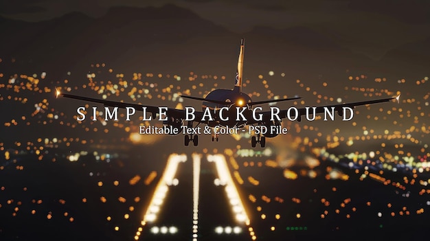 PSD airplane take off landing at night with blurred town on background