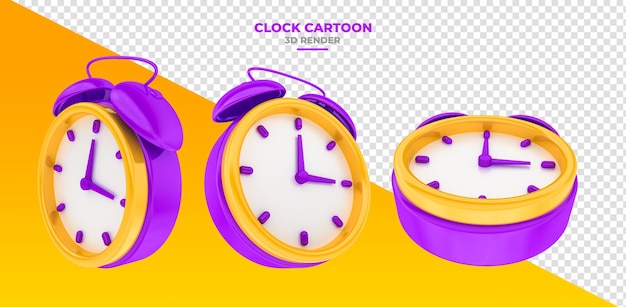 Alarm clock clock purple with yellow in cartoon 3d render with transparent background