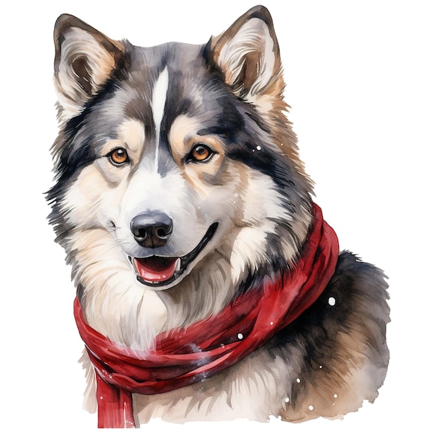 Alaskan Malamute with a santa hat on its head