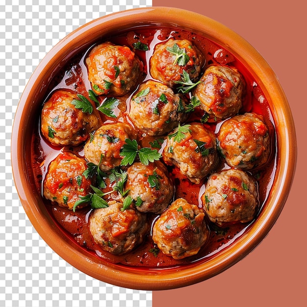 Albondigas mexican meatballs in dish png isolated on transparent background