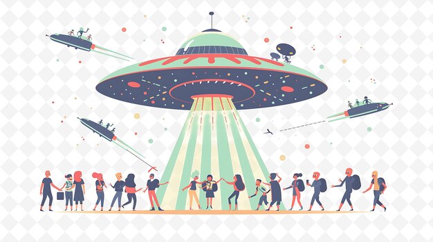 PSD alien characters abducting humans design is extraterrestrial flat illustration festival theme art