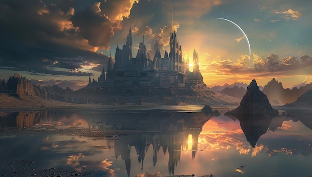 PSD alien planet landscape with a giant dark castle in the distance the sun setting behind