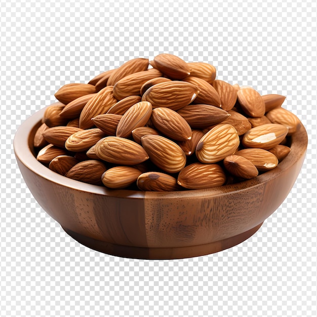 almonds in a wooden bowl isolated on transparent background generative ai