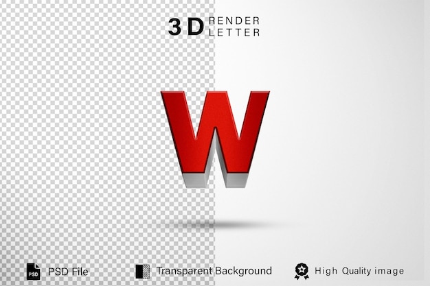 PSD alphabet 3d letter w red metal color isolated on transparent background