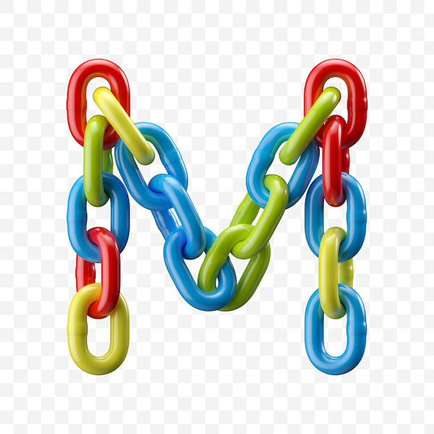 Alphabet letter m made of colored chain. 3D illustration isolated