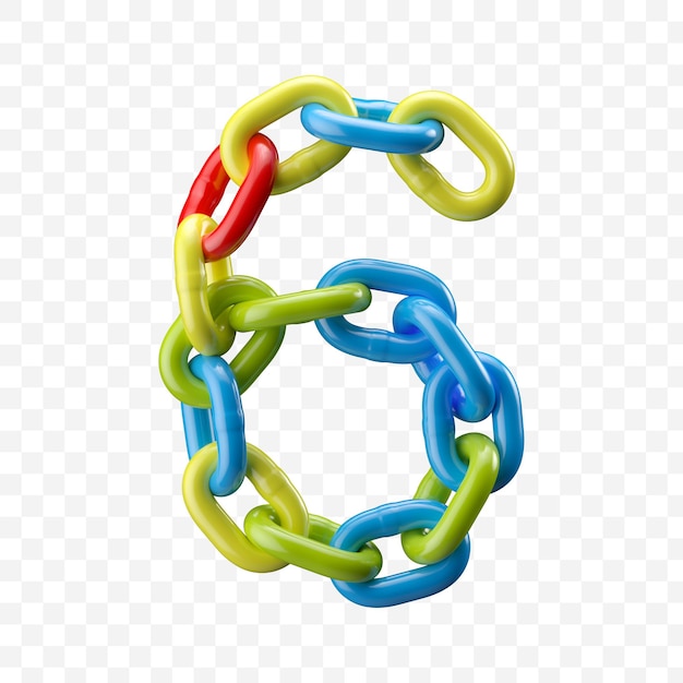 Alphabet number 6 made of colored chain. 3D illustration isolated