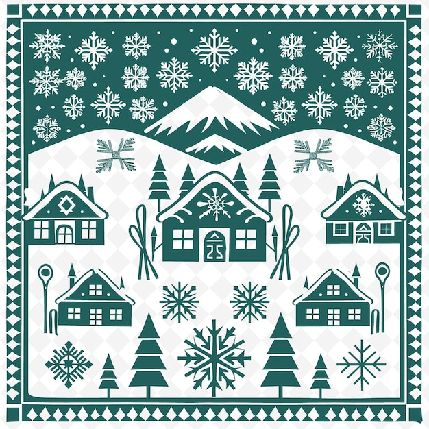 Alpine Chalet Outline With Skiing Pattern and Snowflake Det Illustration Decor Motifs Collection